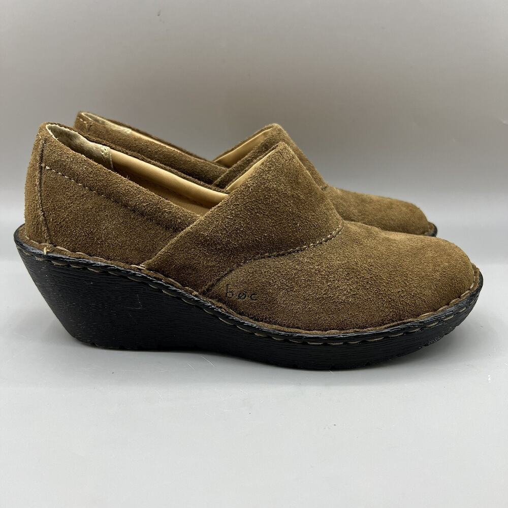 Born Concept BOC Clog Heels Women Size 7 Brown Suede Slip On Comfort Wedge Shoes